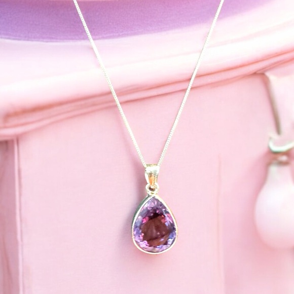 Large Tear Drop Amethyst Sterling Silver Necklace - Picture 1 of 11